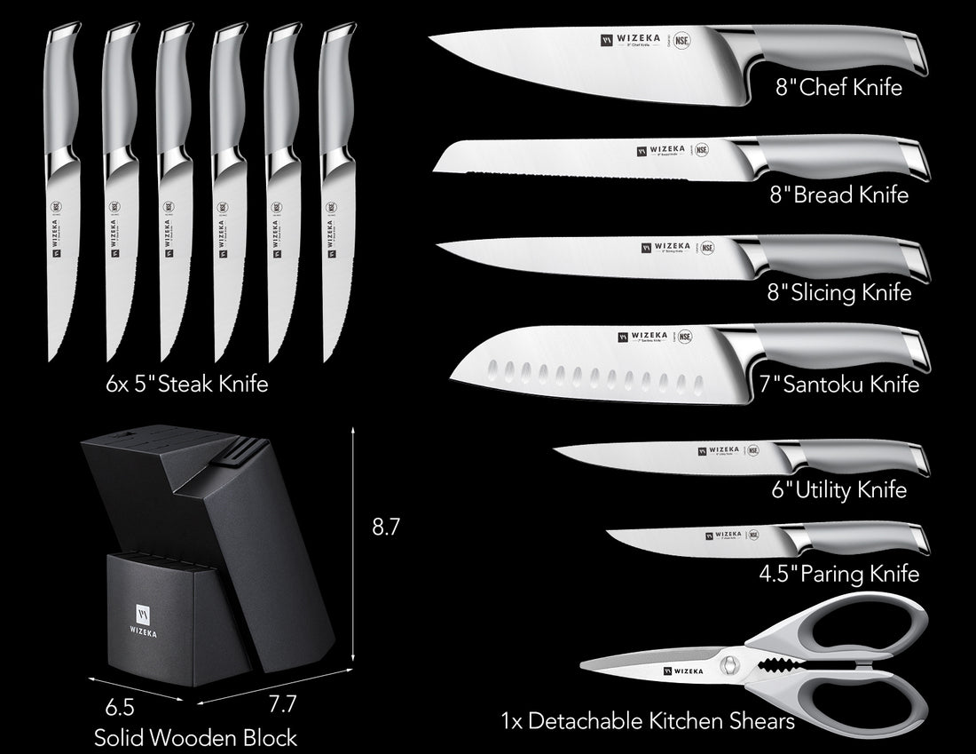 Kitchen Knife Set with Block, 15PCS Easy-Care Knife Block Set with Sharpener, One-Piece German Stainless Steel Kitchen Knives, Silver Wings Series