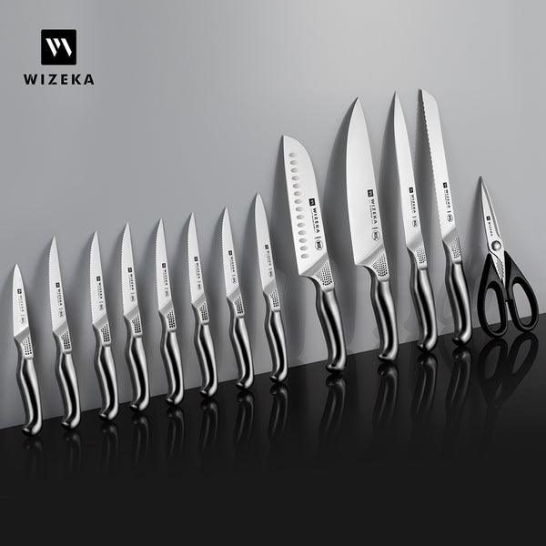  WIZEKA Kitchen Knife Set with Block, 15PCS Full Tang  Professional Chef Knife Set with Knife Sharpener, German Stainless Steel Knife  Block Set, Silver Wings Series, Gift Box: Home & Kitchen